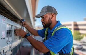 Technician checking an outdoor home air conditioner unit with a clipboard and digital meter during summer.